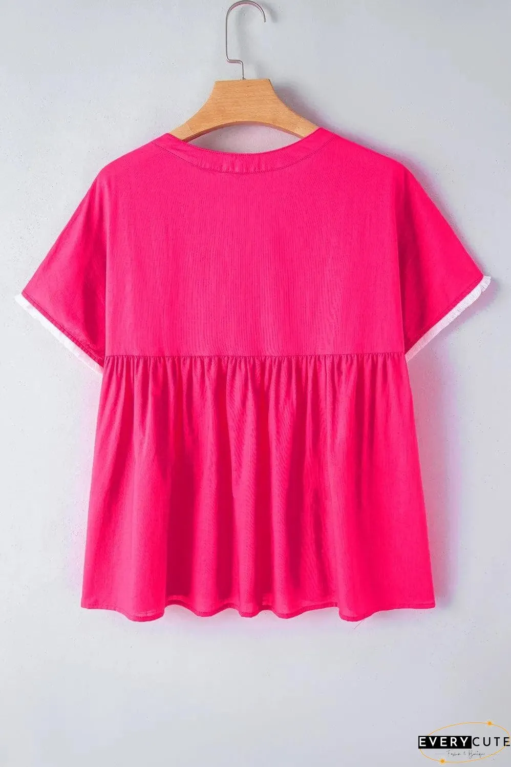 Strawberry Pink Geometric Embroidered Tassel Tie V Neck Blouse