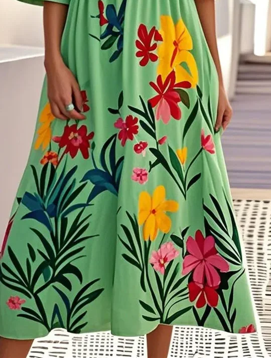 Women's Short Sleeve Scoop Neck Floral Printed Graphic Midi Dress
