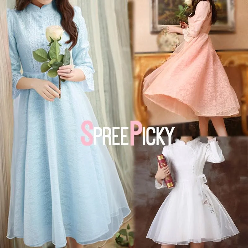 Blue/Pink/White Vintage Lace Long Dress SP178995