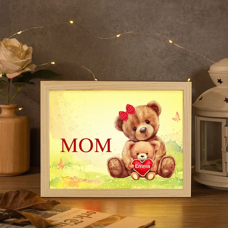 Personalized Frame Night Light Custom 1 Text  & 1 Name Teddy Bears Family Ornament Gifts for Mother/Grandma
