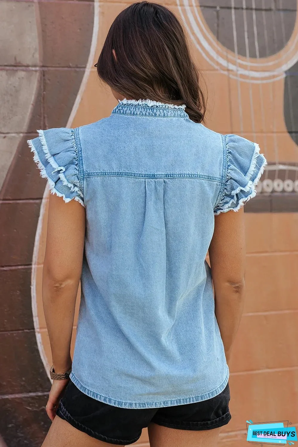 Beau Blue Button Front Ruffled Flutter Frayed Denim Top