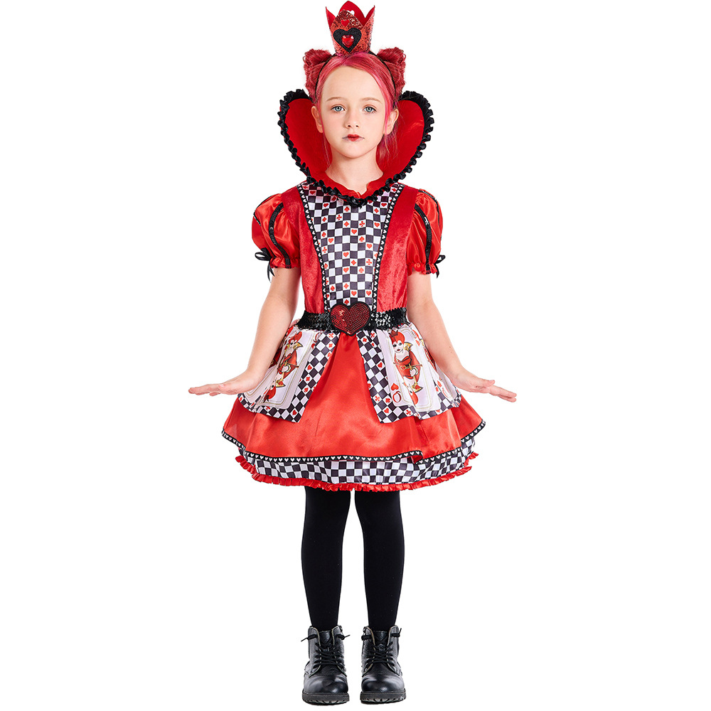 [Wetrose] Halloween The Red Queen Cosplay Costume Alice Wonderland Poker Plaid Heart for Women Kids Kid Set Party Carnival Ripped
