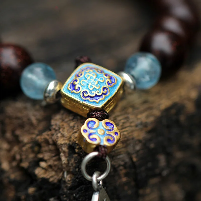 925 Sterling Silver Indian Small Leaf Red Sandalwood Aquamarine Full of Gold Star Chinese Knotting Blessing Bracelet