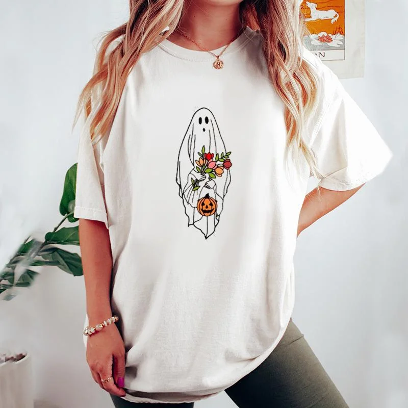 Cute Halloween Ghost Flower Cotton T-Shirt
