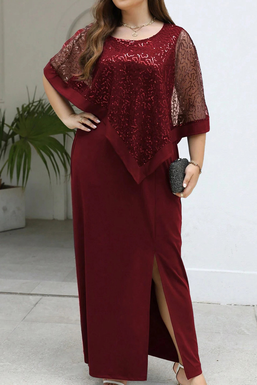 Plus Size Mother Of The Bride Burgundy Sequin Asymmetrical Cape Sleeve Slit Maxi Dress 2024 - Flycurvy 