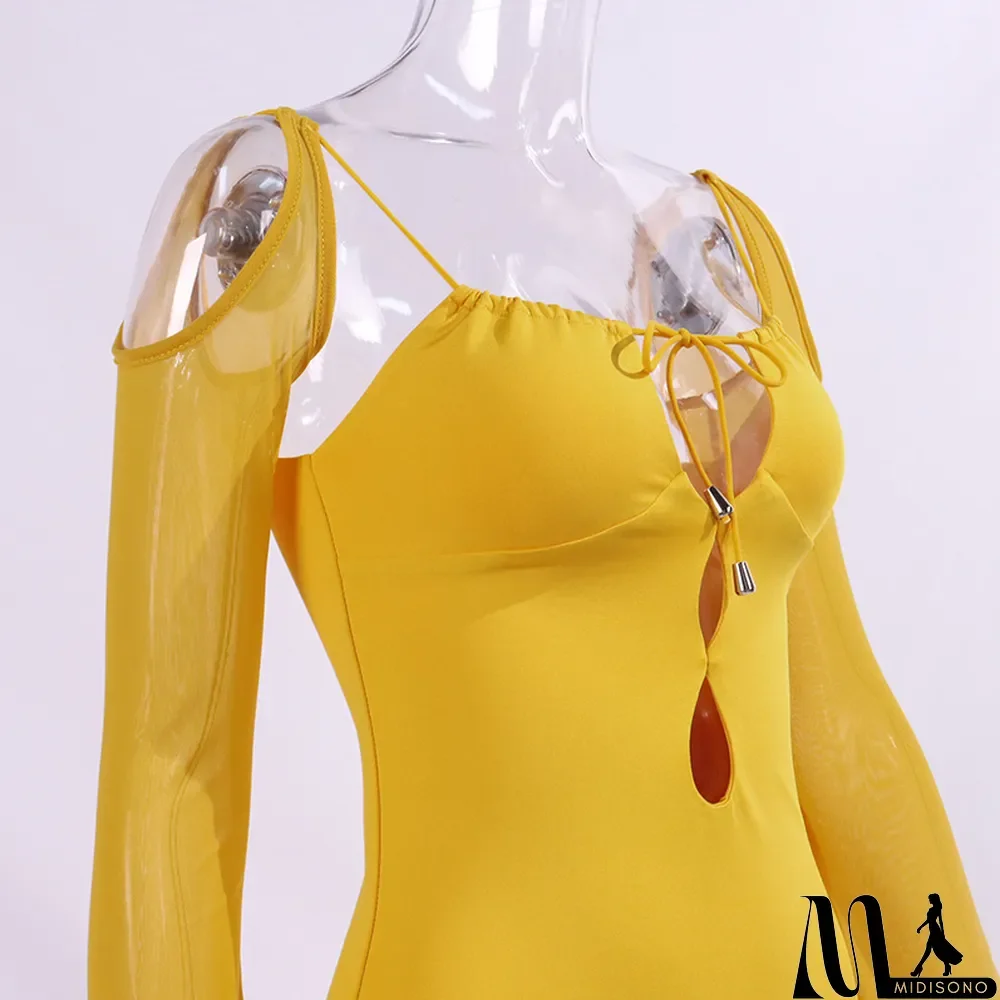 MidiSono - Women Long Sleeve Lace Up Hollow Out Long Sleeve Dress