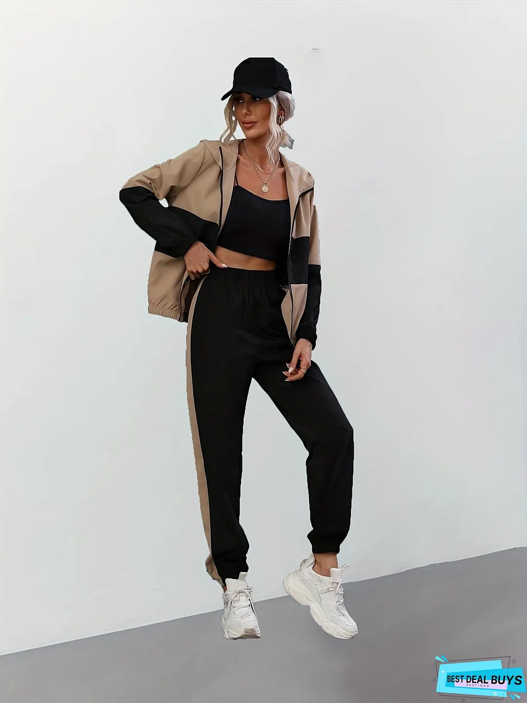Color Block Casual Two-piece Set, Zip Up Long Sleeve Hooded Tops & Jogger Pants Outfits, Women's Clothing