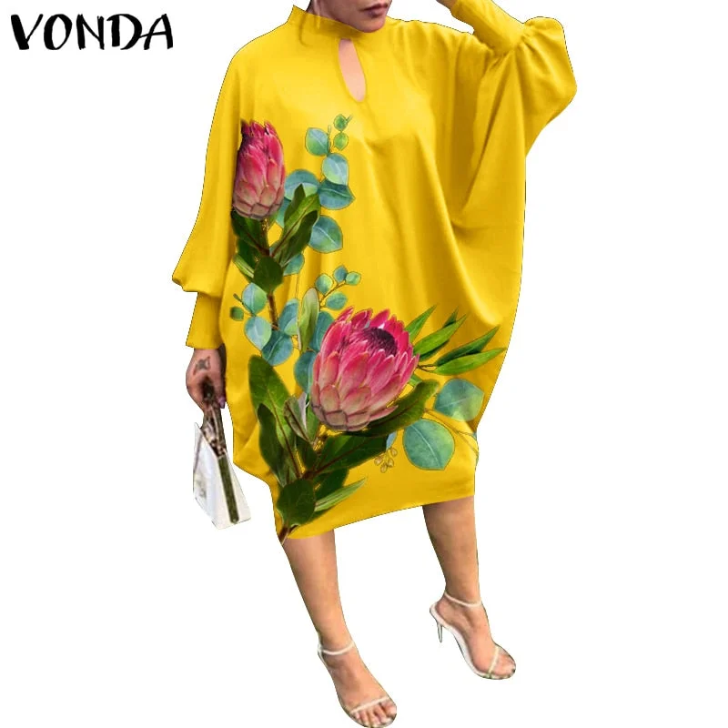 VONDA Women Dress 2022 Summer Spring Long Bat-Sleeve Solid Dresses Elegant Knee-Length Party Robe Ladies Bohemian Party Vestidos