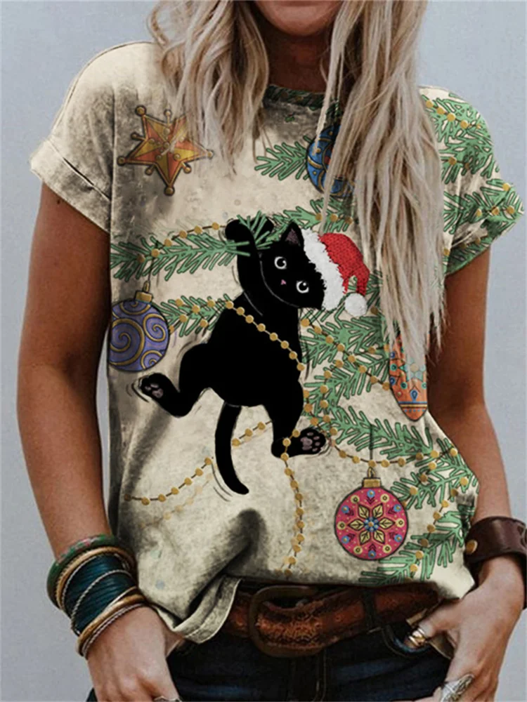 Wearshes Cat Climbing Christmas Tree Print Casual T Shirt