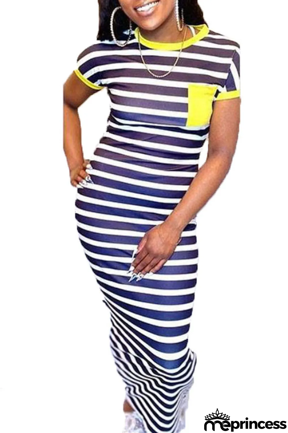 Red Milk. Casual Red Yellow Bat sleeve Short Sleeves O neck Step Skirt Ankle-Length Striped Print Dresses