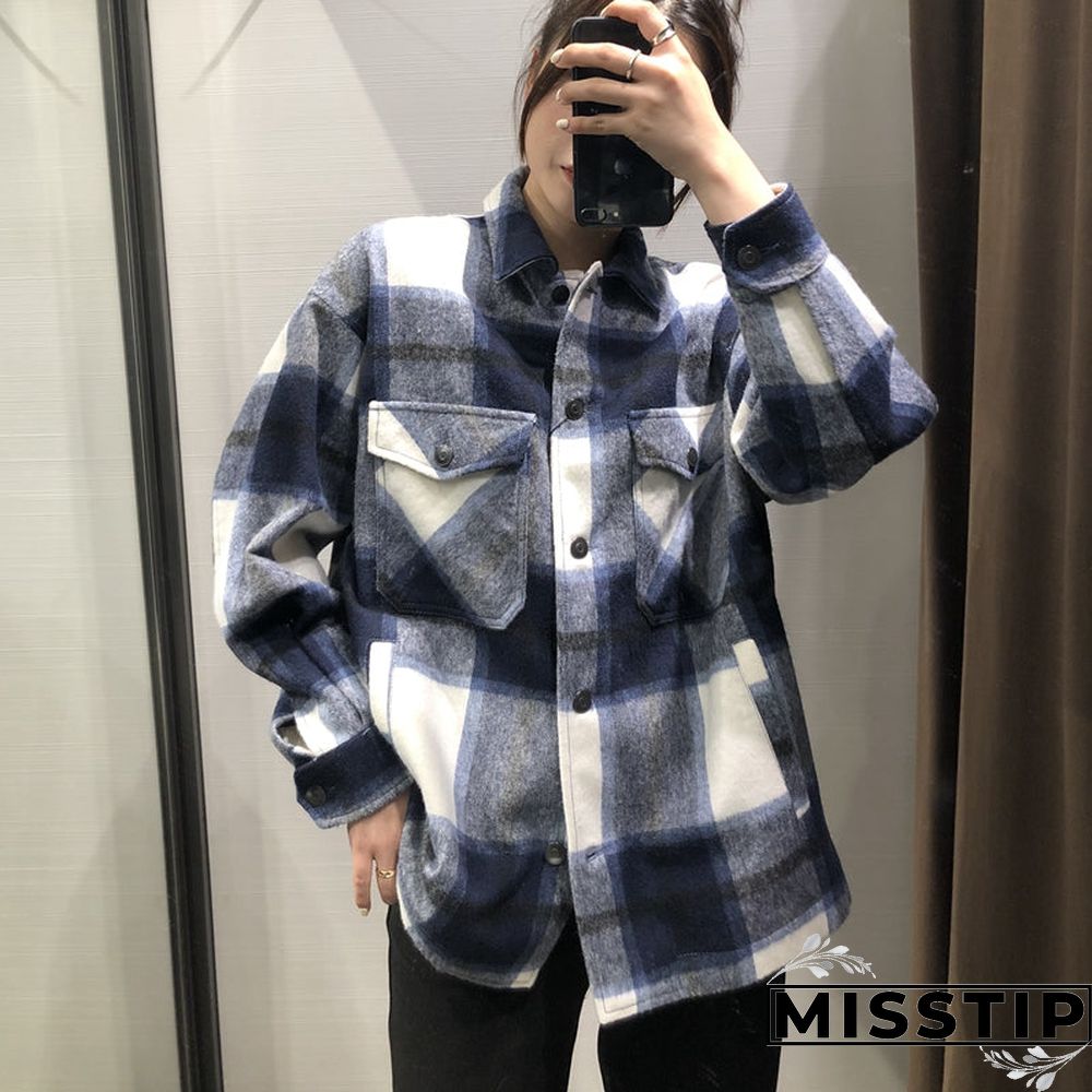 Classic Thick Colorblock Checked Button Down Shirt Jacket Woolen
