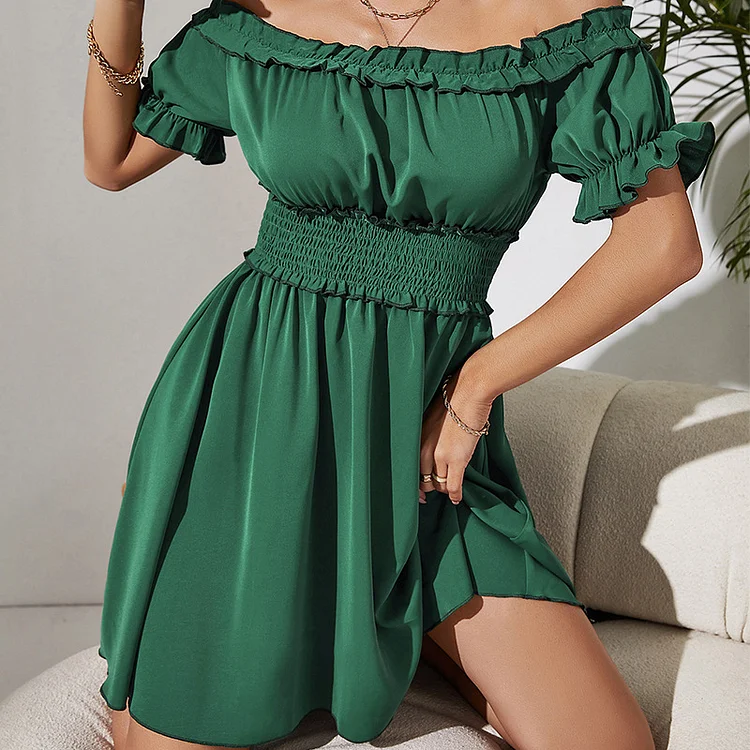 Summer Elegant Slant Neck Solid Color Puff Sleeve Waist Mini Dress