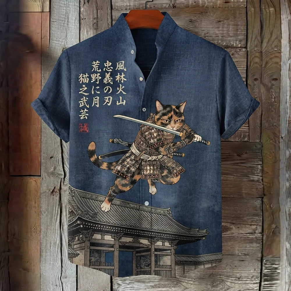Men's Japanese Samurai Cat & Temple Print Short-sleeve Casual Shirt  artssus