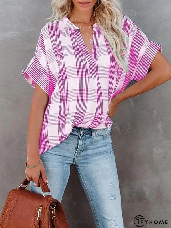 Women's Blouses V-Neck Plaid Short Sleeve Blouse | IFYHOME