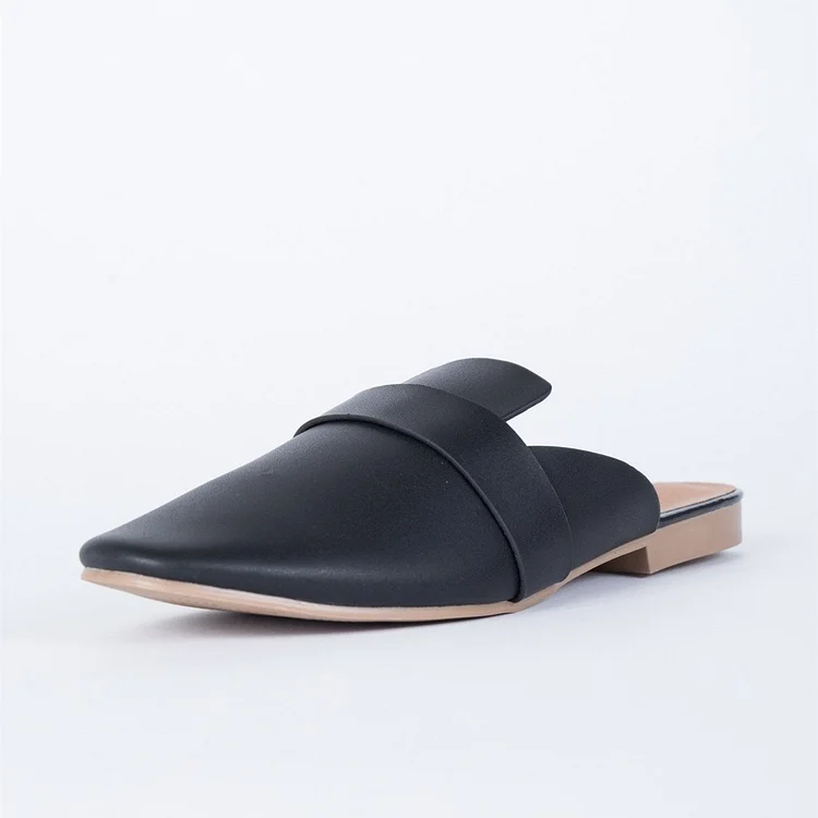 Black Round Toe Casual Flat Mule Loafers for Women |FSJ Shoes