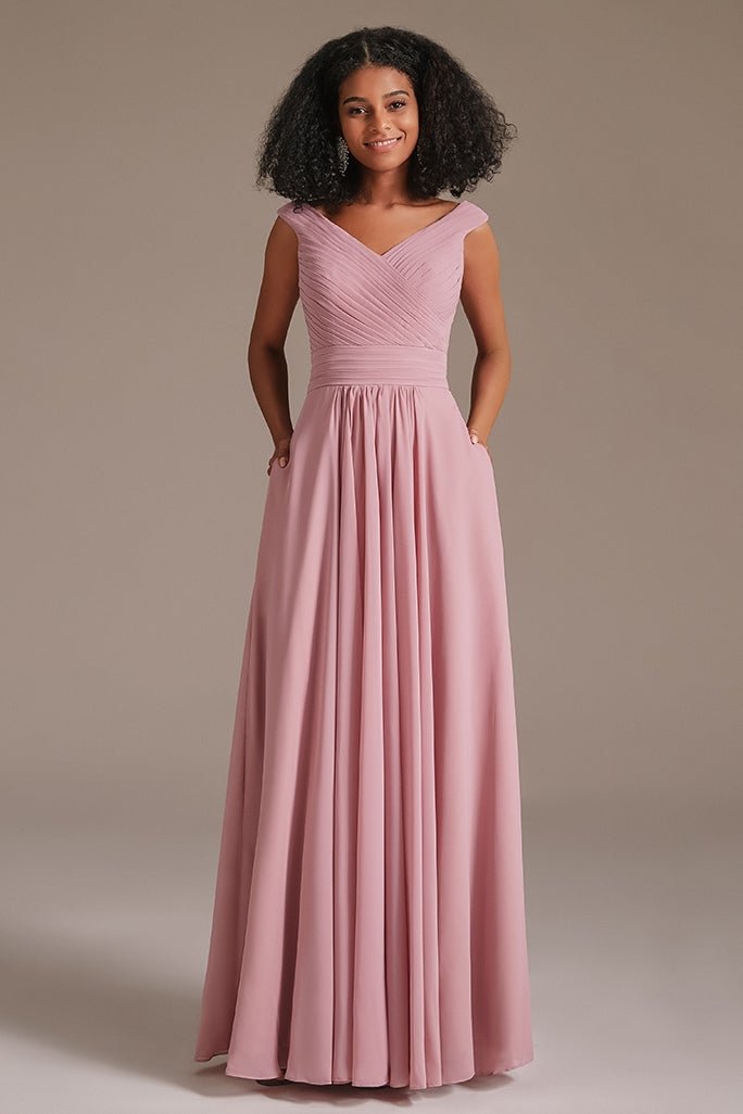 Dusty Pink V-Neck Bridesmaid Dress With Pockets BD0003 - Okdais
