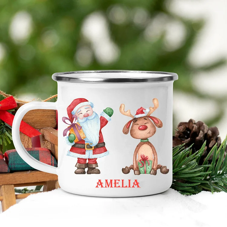 Navidad-Taza Papá Noel y reno para niños con 1 nombre personalizado