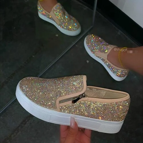 Women Flat Loafers Woman Shinning Crystal RhinestoneA utumn Big Size Flat Platform Women's Design Slip On Shoes QueenFunky