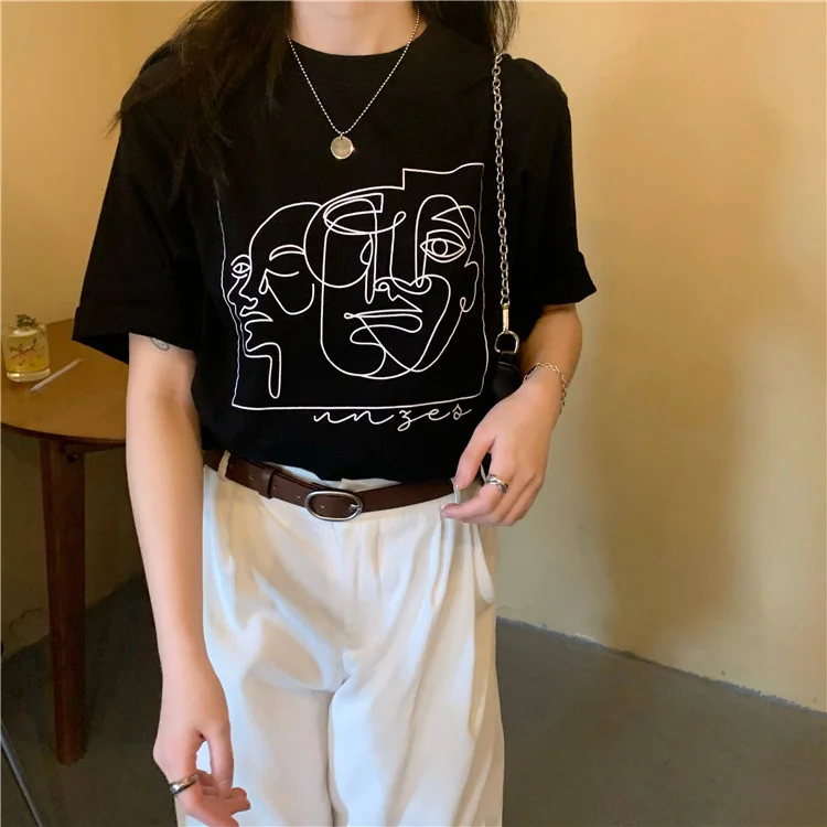 Uveng Uveng New 2024 Summer Ins Retro Loose Versatile Line Print Short-Sleeved T-Shirt For Women With A Round Collar Bottom Shirt Fashion