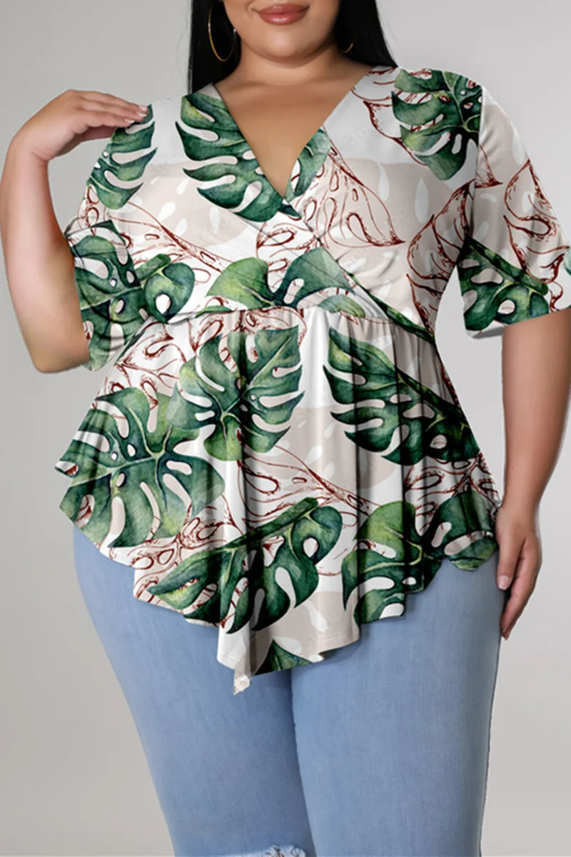 Green Fashion Casual Print Asymmetrical V Neck Plus Size Tops | EGEMISS