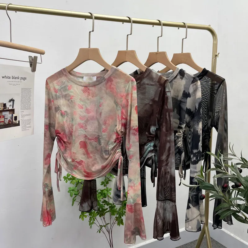 Churchf Sunscreen Not Sultry Hot Tie Dye Net Yarn Long-Sleeved T-Shirt Drawstring Tethered With Short-Sized T-Shirt Horn Sleeve Top 8929