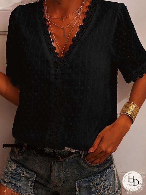 Deep V-neck Embroidered Lace Chiffon Blouse