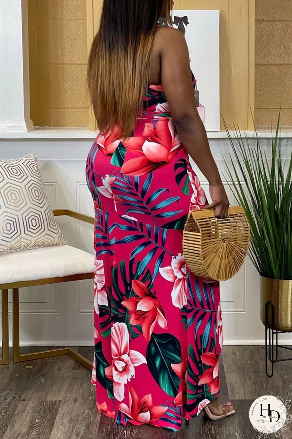 Red Sexy Casual Print Bandage Backless V Neck Sling Dress