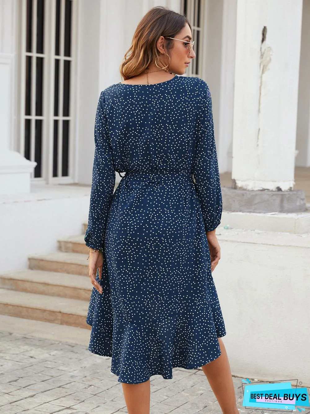 Dot V-Neck Long Sleeve Ruffle Casual Dress