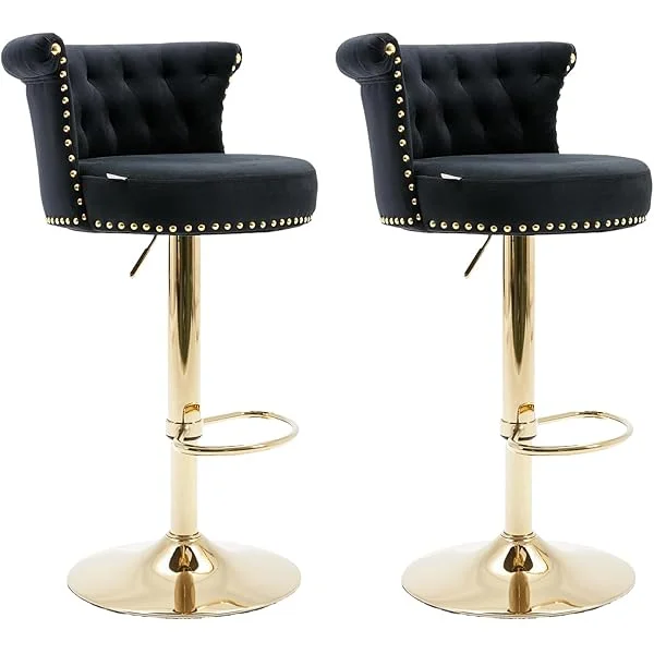 Modern Bar Stools Set of 2 - Swivel Adjustable Height Counter Barstools with Soft Seat, Velvet Armless Stool Chair