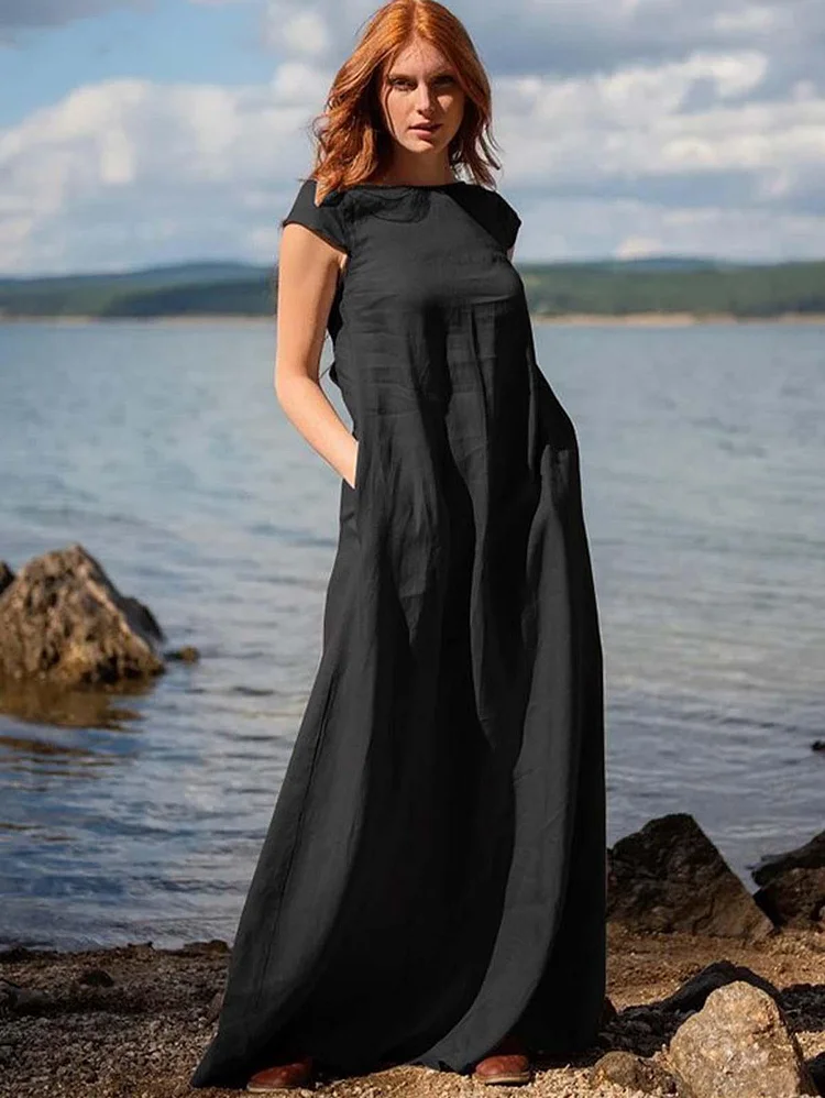 Simple Casual Cap Sleeve Solid Maxi Dress