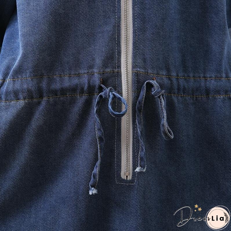 Women denim blue stand collar zippered oversized Dress