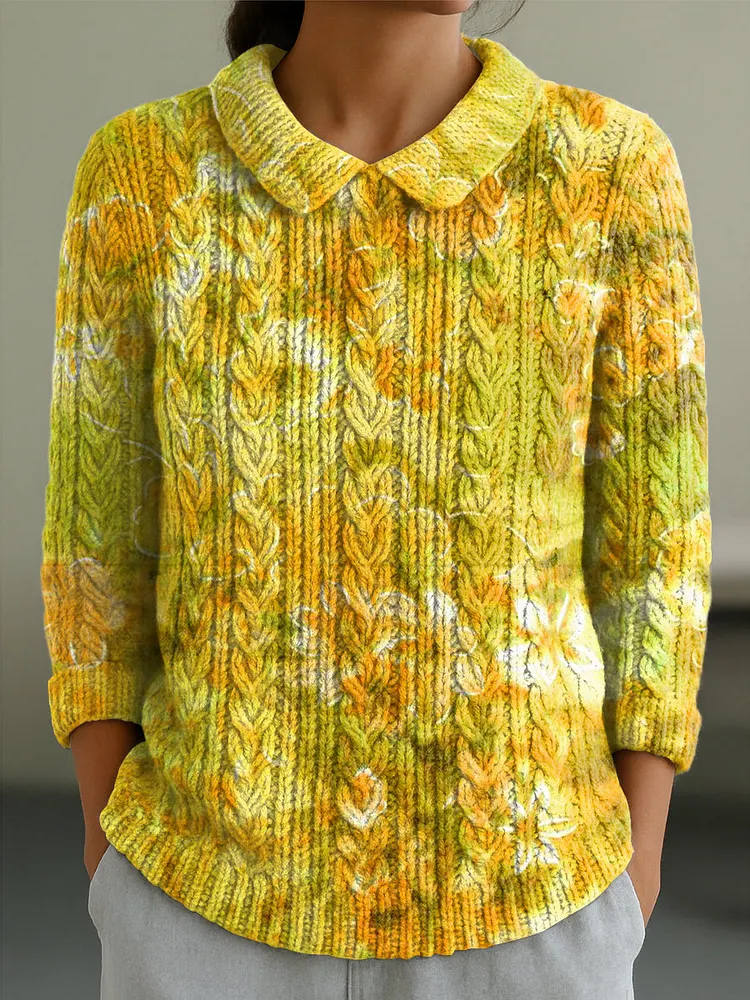 Women's Vintage Autumn Floral Painting Art Print Casual Peter Pan Collar 3/4 Sleeve Sweater