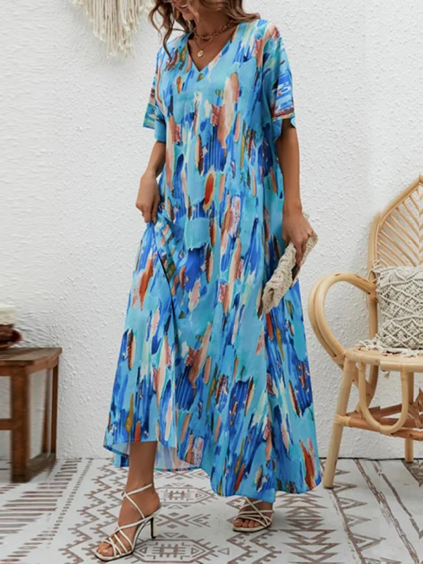 Contrast Color High-Waisted Printed Loose Short Sleeves V-neck Maxi Dresses