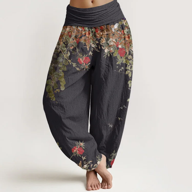 Cotton Casual Red Peony Flower Vine Design Women's Elastic Waist Harem Pants