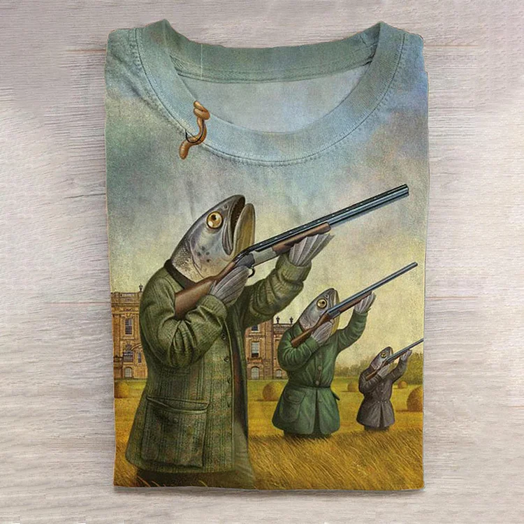 Men's Vintage Fish Print Round Neck Short Sleeve T-Shirt