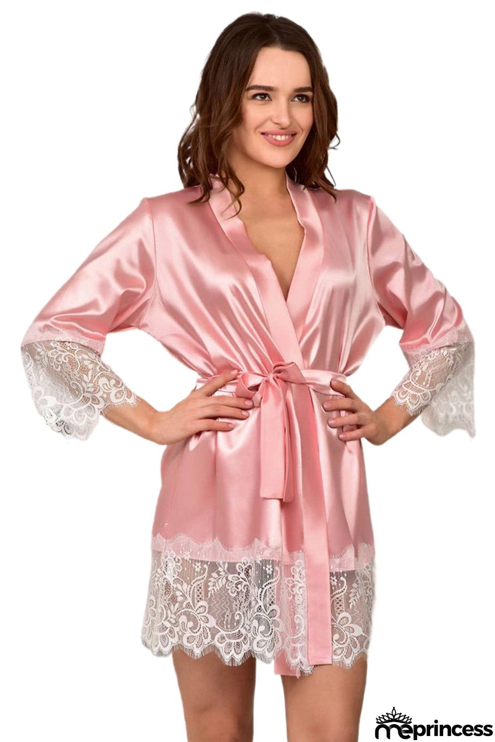 Satin Kimono Robe with Lace Trims