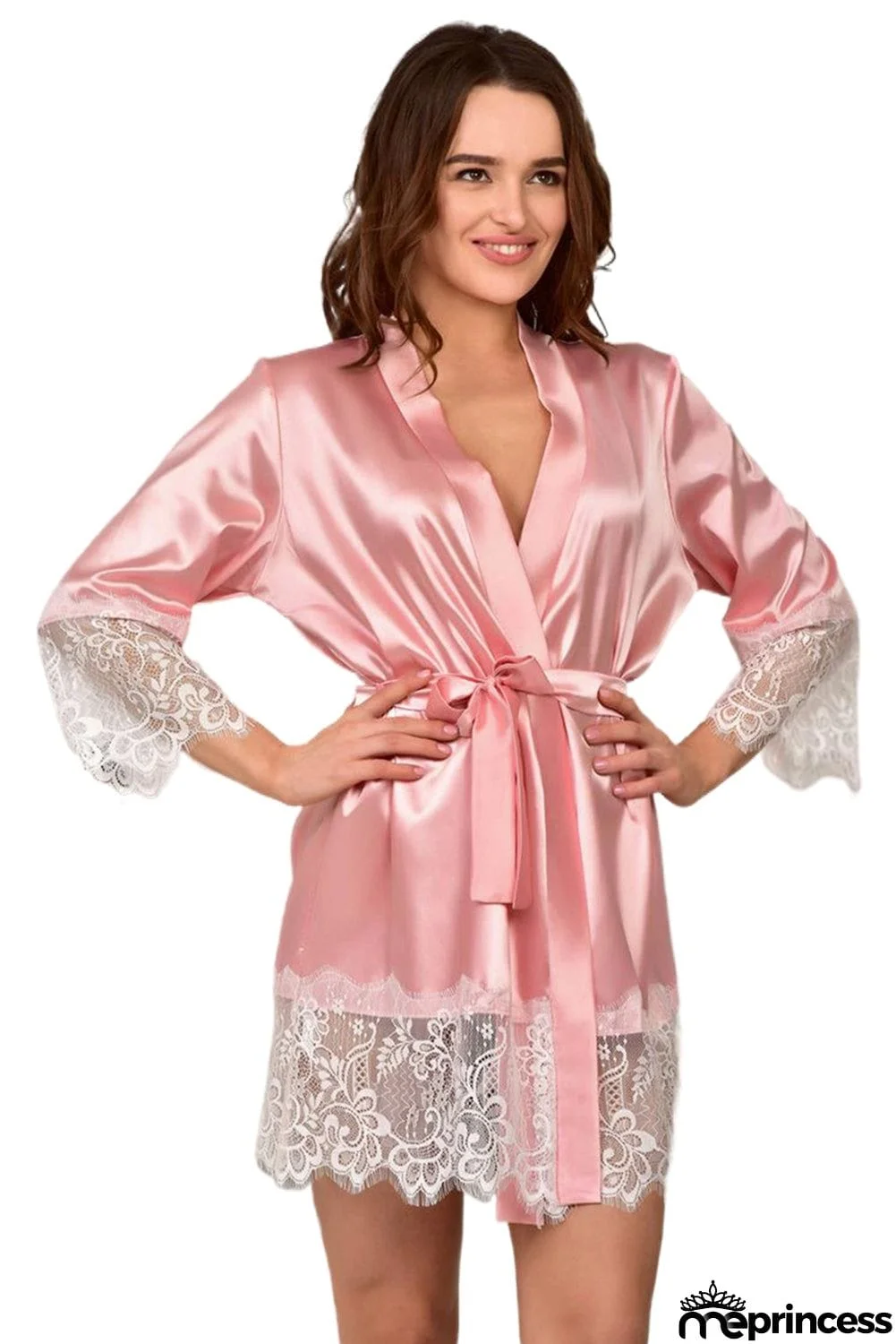 Satin Kimono Robe with Lace Trims