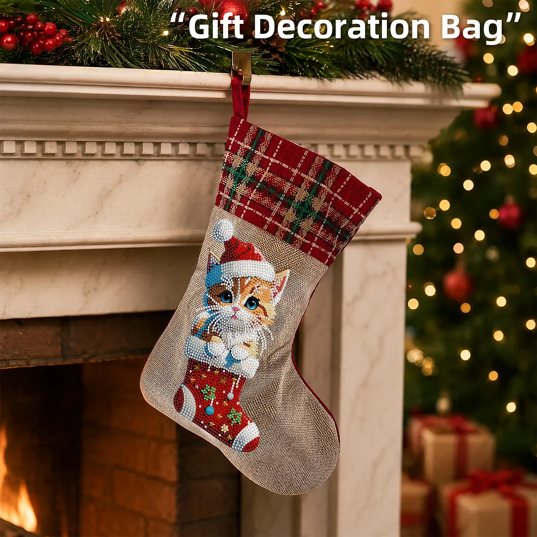 DIY Diamond Painting Christmas Stockings Hanging Ornaments Large Capacity Xmas Socks Pendant Wear Resist Candy Gift Storage Bags for Family Christmas Holiday Party Decoration (Christmas cat)