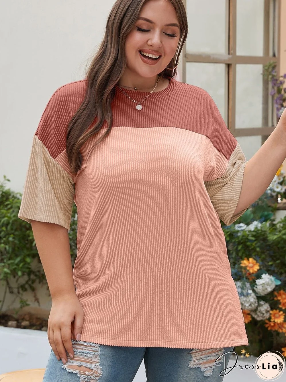 Rose Pink Plus Size Ribbed Colorblock T-shirt