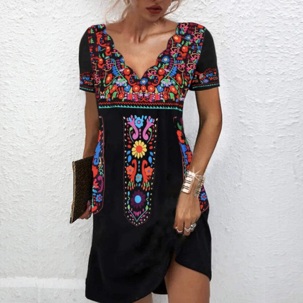 Colorful Aztec Print Empire Waist Mini Dress