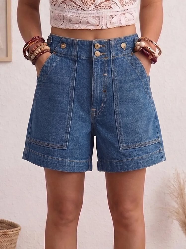 Women's Art Print Casual Patch Pocket Denim Shorts