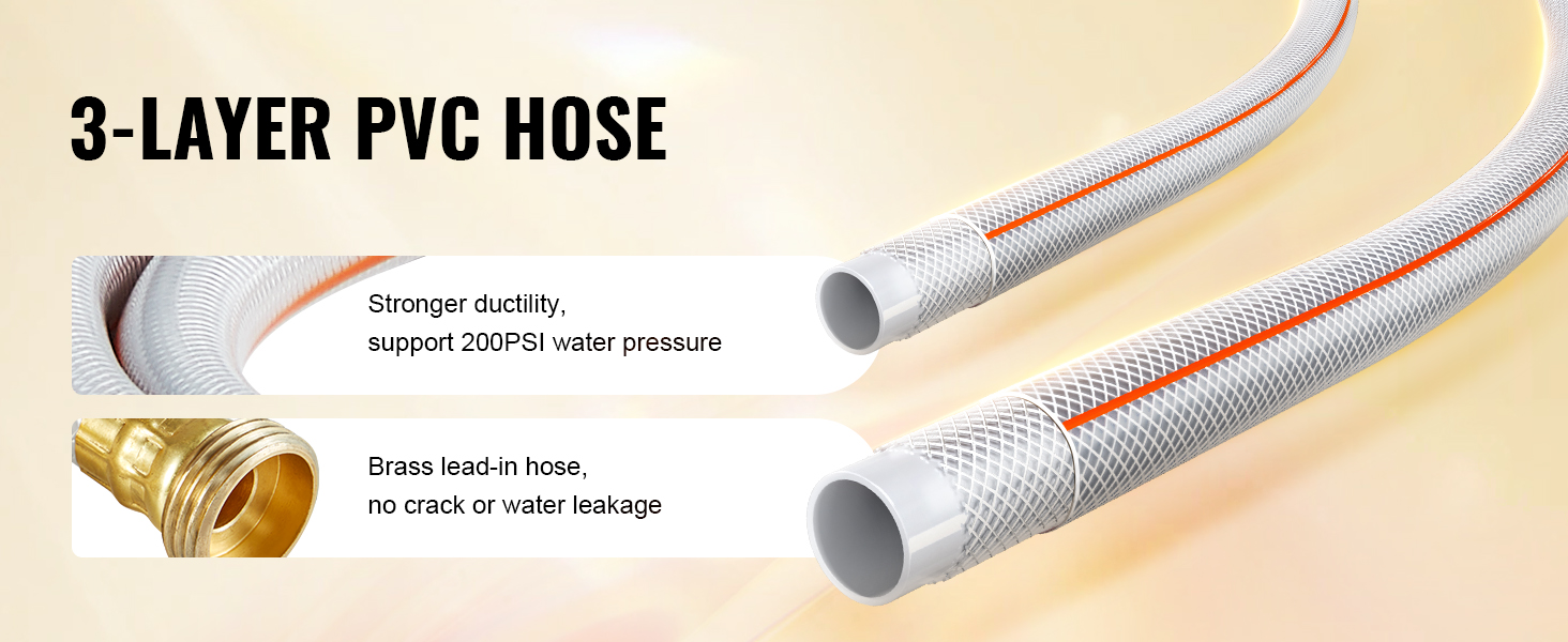 3-layer pvc hose with brass lead-in, supports 200 psi water pressure and prevents cracks or leakage.