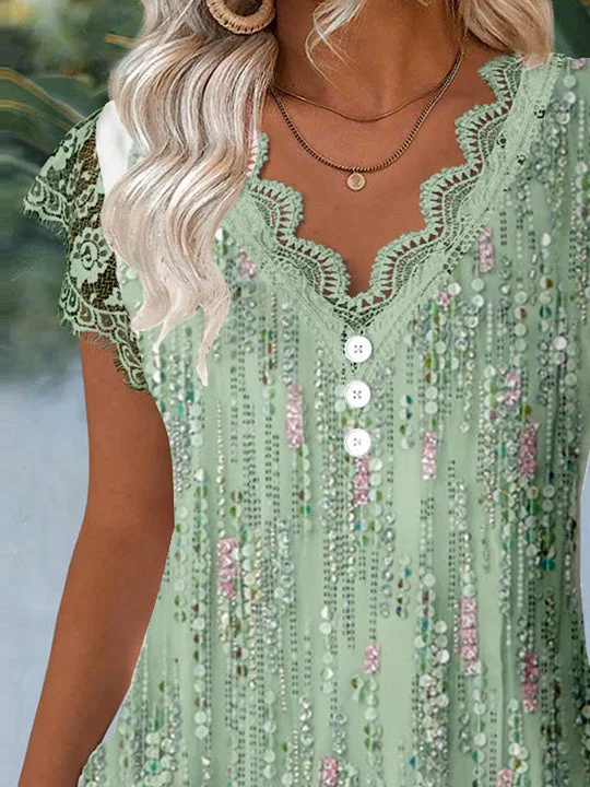 (PRE ORDER)Women Short Sleeve V-neck Polka Dot Printed Graphic Lace ButtonTops