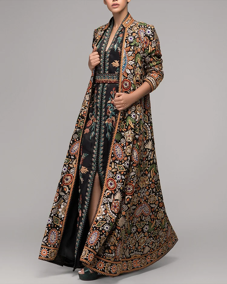 Women's V-Neck Slit Embroidered Kaftan Dress