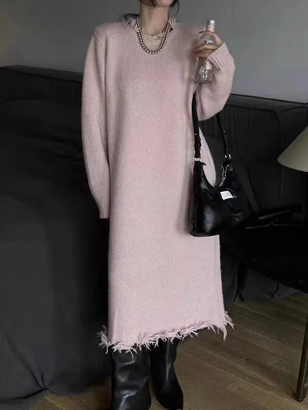 High Waisted Long Sleeves Fringed Solid Color Round-Neck Midi Dresses Sweater Dresses