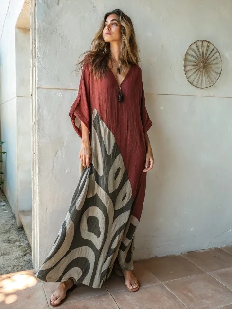 Linen Boho Printed Kaftan Maxi Dress