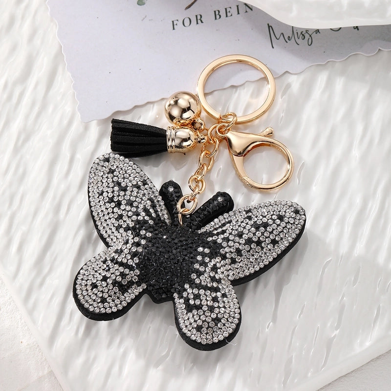 Vintage Style Minimalist Butterfly Pu Leather Alloy Tassel Inlay Rhinestones Bag Pendant Keychain