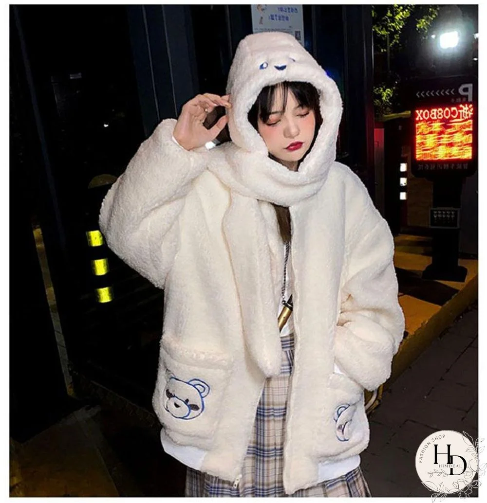 Fashion Lamb Wool Autumn Winter Coat Women's Fleece Jacket Bear Embroidery Hoodies Thick Sweatshirt Loose Casual Zipper Overcoat