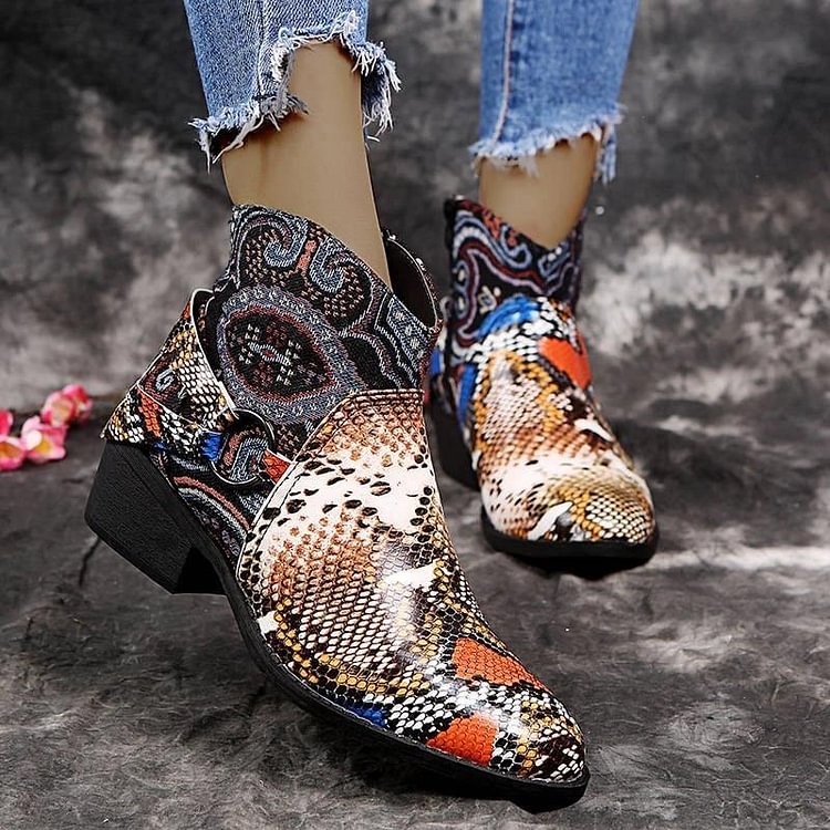 Women Chic Snakeskin Characteristic Pattern Mixed Colors Boots -boots