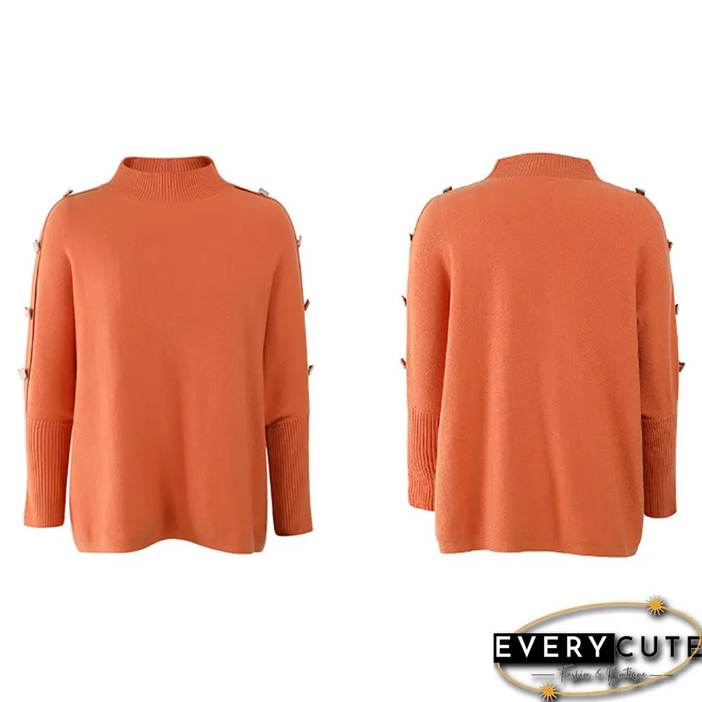Orange Bat Sleeve Button Shoulder High Collar Sweater